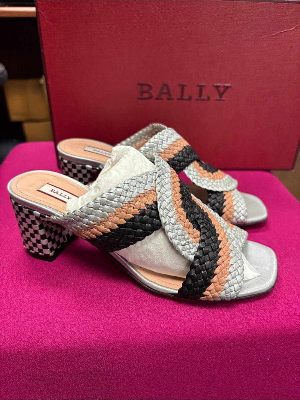 Bally Braided Slide Mules in Silver, Pink and Black